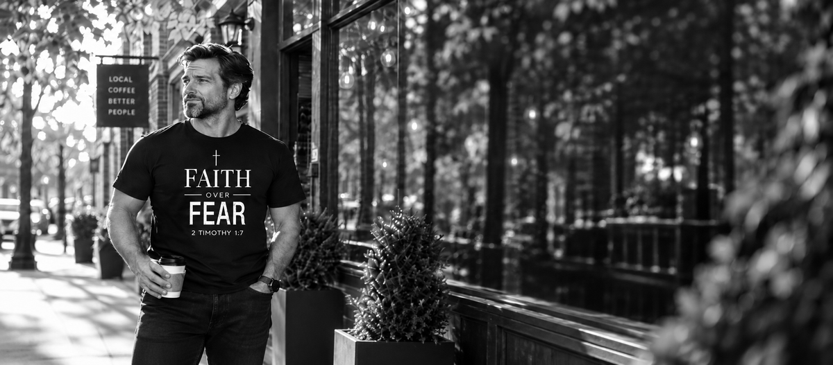 Man wearing a Faith Over Fear Christian T-shirt from Gospelborne Clothing