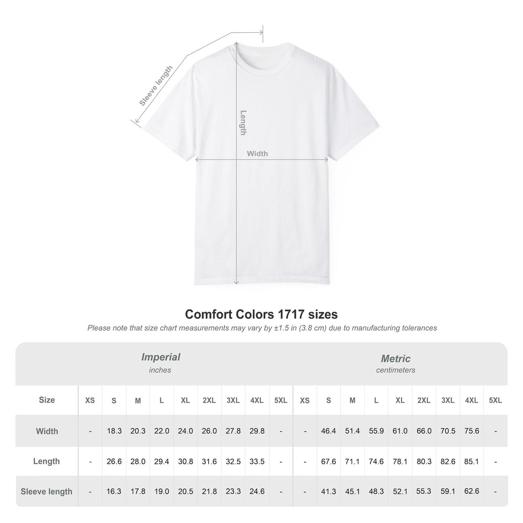 Comfort Colors 1717 unisex T-shirt size chart with garment measurements and sizing information.