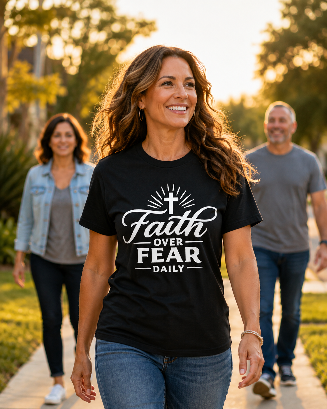 A woman walking outdoors on a sunny path wearing a black graphic T-shirt with the white text 'Faith Over Fear Daily' and a cross design. Two other people are blurred in the background.