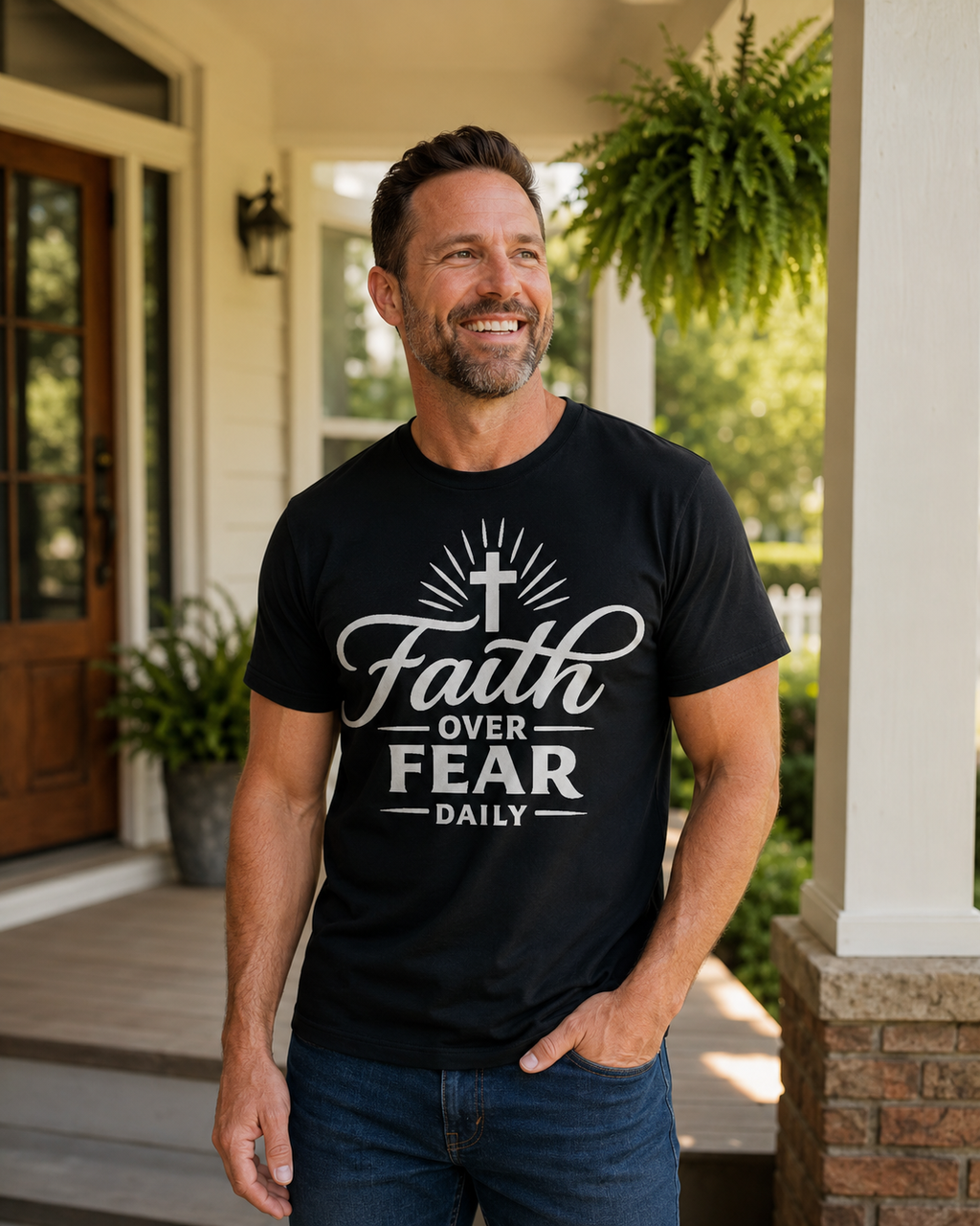 A smiling man wearing a black graphic t-shirt with the text 'Faith OVER FEAR DAILY' and a white cross design, standing on a porch.