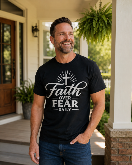 A smiling man wearing a black graphic t-shirt with the text 'Faith OVER FEAR DAILY' and a white cross design, standing on a porch.