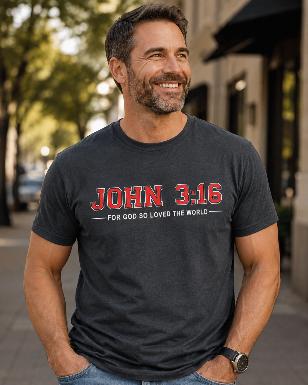 Man wearing charcoal John 3:16 Christian T-shirt outdoors
