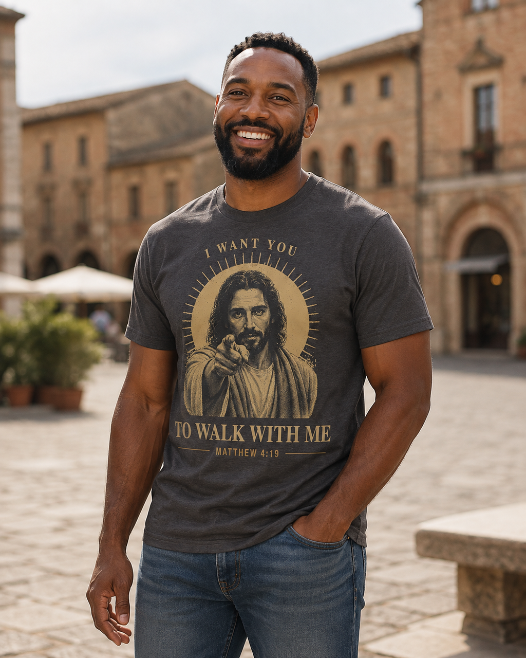 Man wearing Walk With Me Jesus Matthew 4:19-inspired Christian T-shirt