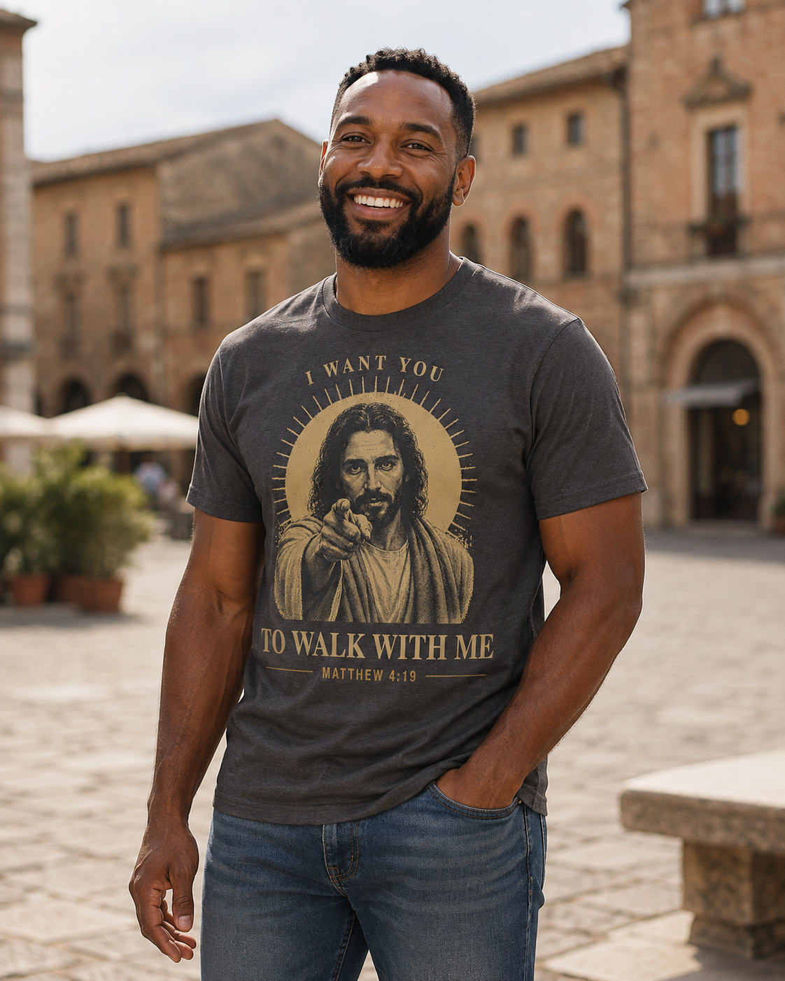 Man wearing Walk With Me Jesus Matthew 4:19-inspired Christian T-shirt