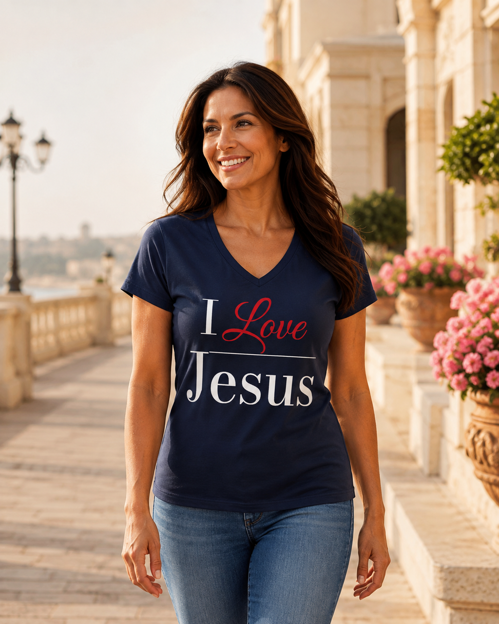 A woman wearing a navy blue V-neck t-shirt with the text 'I Love Jesus' printed on the front, walking outdoors on a sunlit stone walkway with pink flowers and classical architecture in the background.