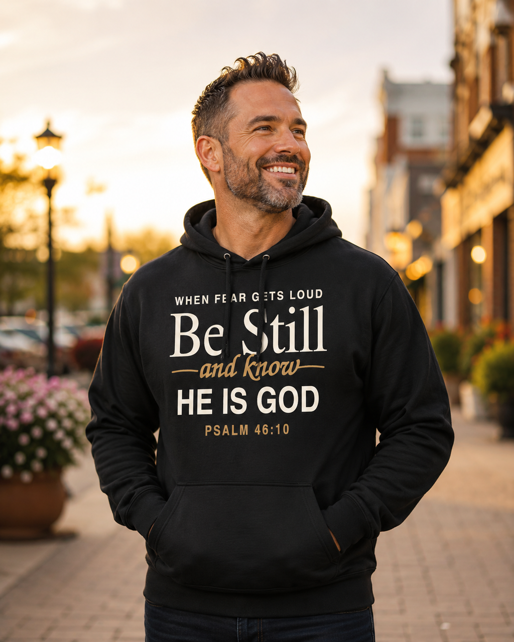 Man wearing a black Be Still and Know Christian hoodie with the “When Fear Gets Loud, Be Still and Know He Is God” Psalm 46:10 design outdoors at sunset.