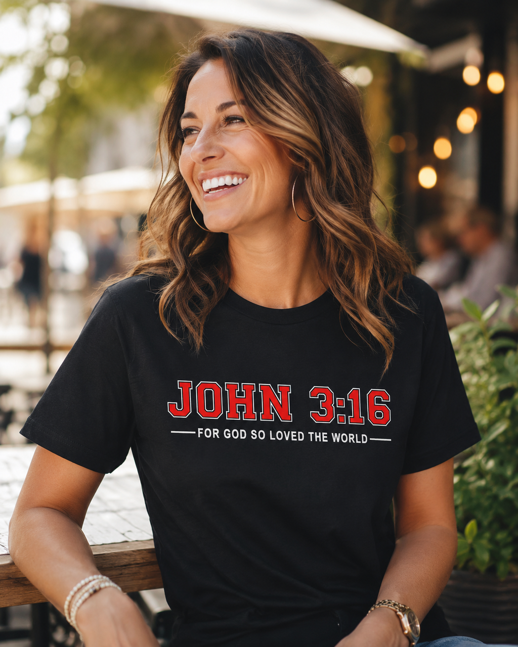Woman wearing black John 3:16 For God So Loved Christian T-shirt