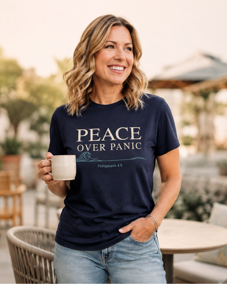 Woman wearing Peace Over Panic Philippians 4:6 Christian T-shirt