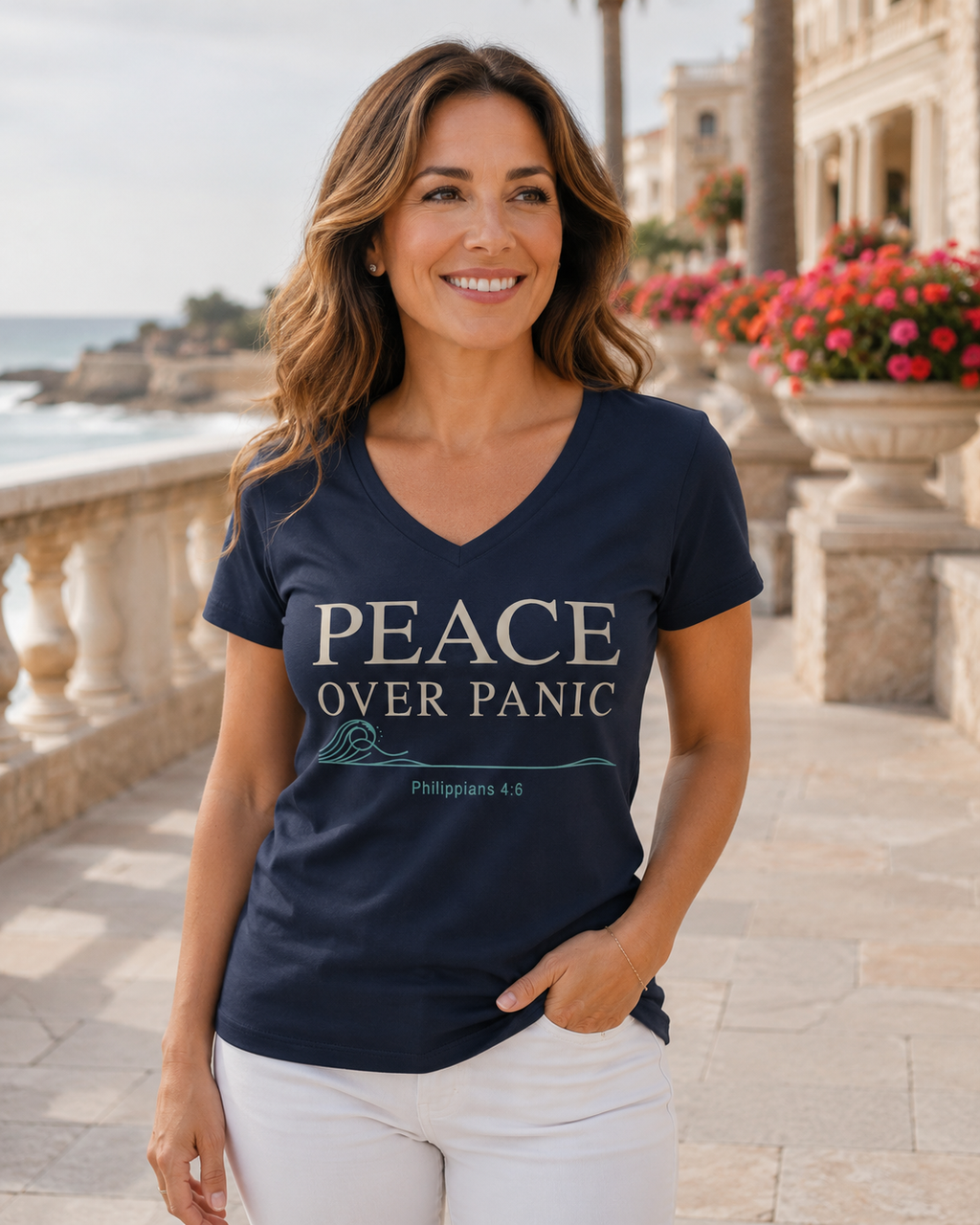 A smiling woman wearing a navy blue V-neck t-shirt with the text 'PEACE OVER PANIC' and 'Philippians 4:6' printed on the front, standing outdoors on a stone walkway with a coastal background.
