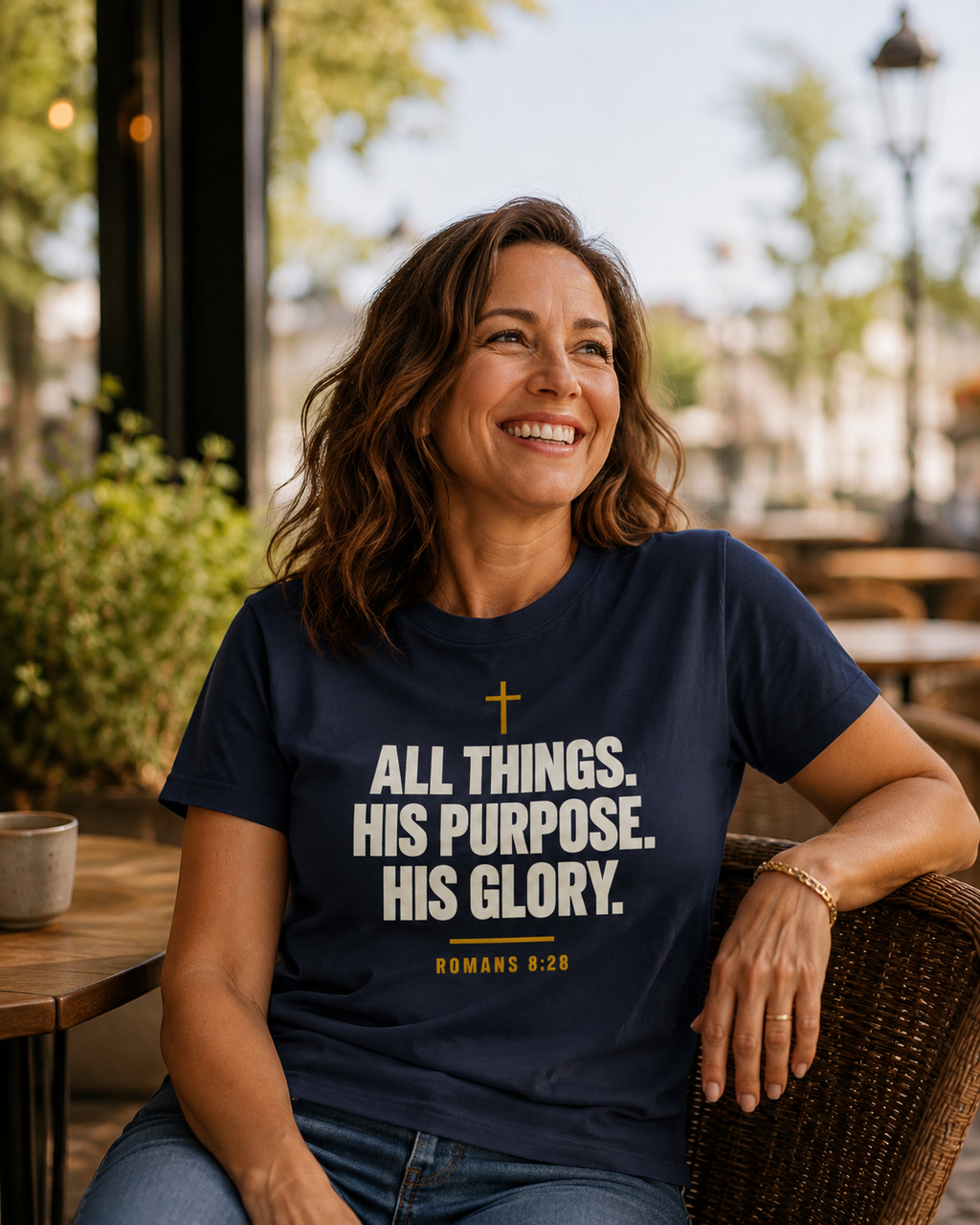 Smiling woman wearing a navy Christian T-shirt reading “All Things. His Purpose. His Glory.” with Romans 8:28 while seated at an outdoor café.