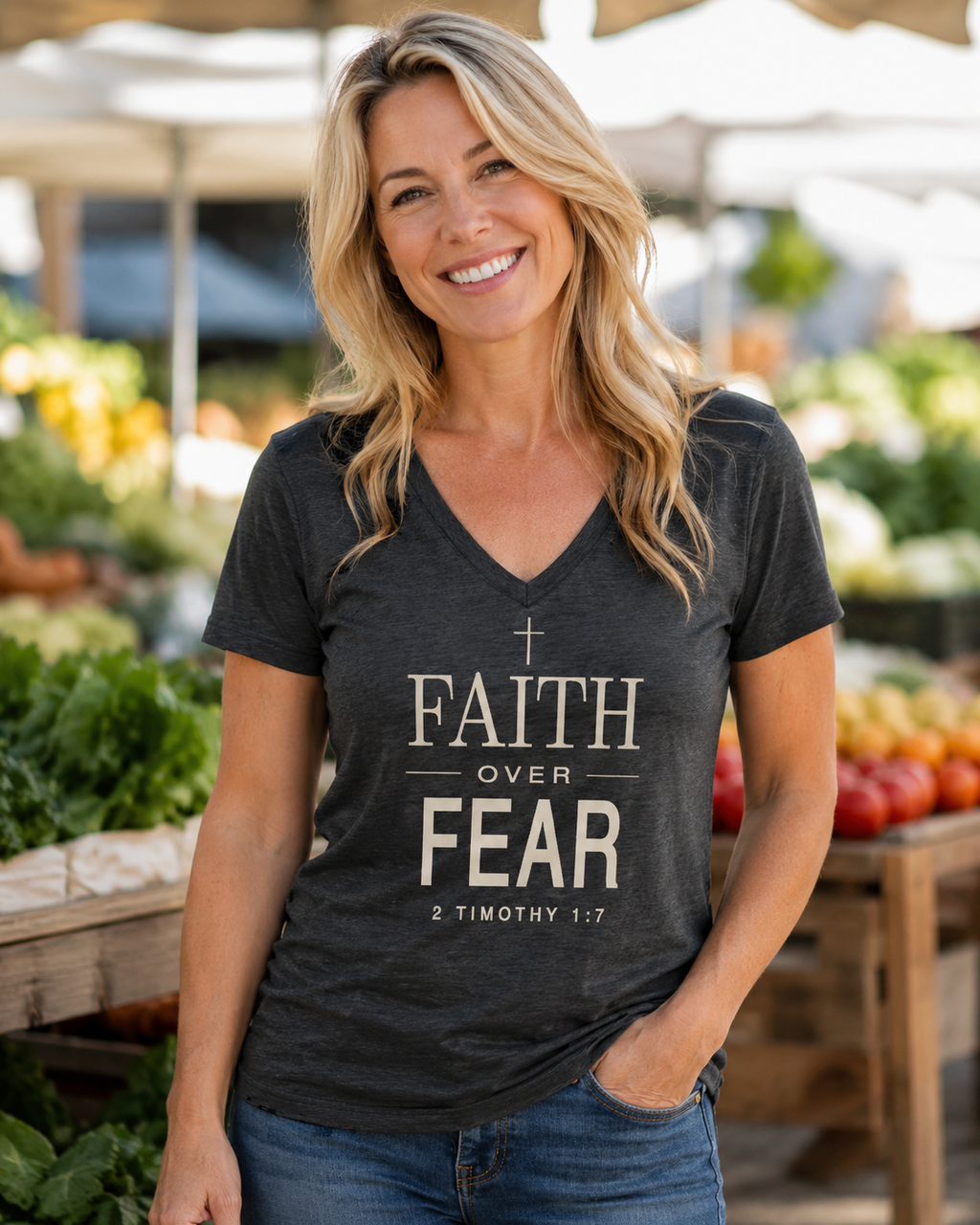 A smiling blonde woman wearing a dark charcoal gray V-neck t-shirt with the text 'FAITH OVER FEAR' and '2 TIMOTHY 1:7' printed in beige, standing in a sunny outdoor farmers market with produce displays in the background.