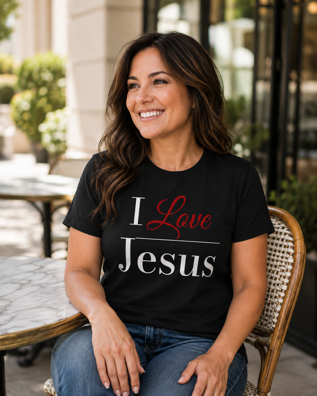 A smiling woman with long brown hair sits on a woven-back chair at an outdoor cafe, wearing a black graphic t-shirt that reads 'I Love Jesus' in white and red lettering, paired with blue jeans.