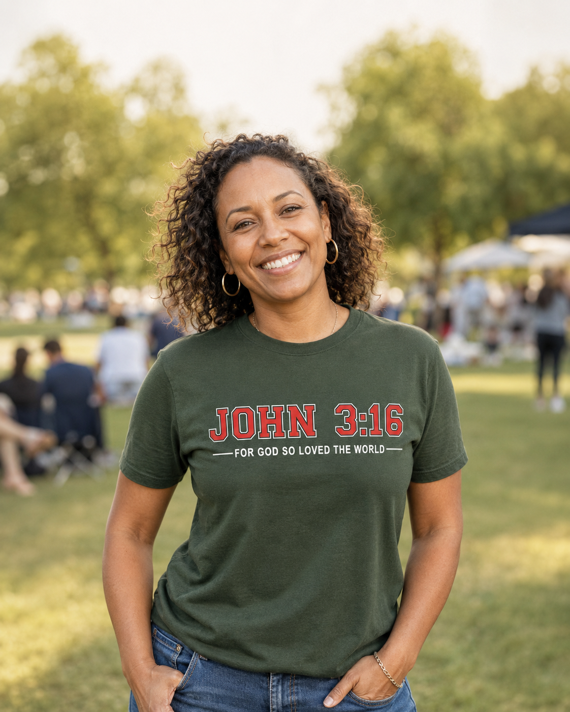Woman wearing green John 3:16 Christian T-shirt at an outdoor market
