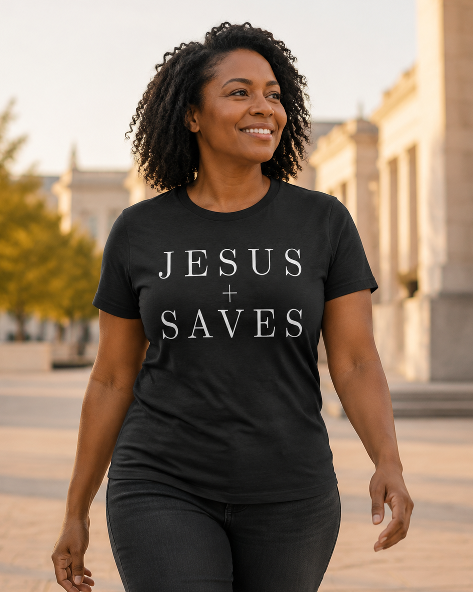 Woman wearing black Jesus Saves Christian T-shirt outdoors