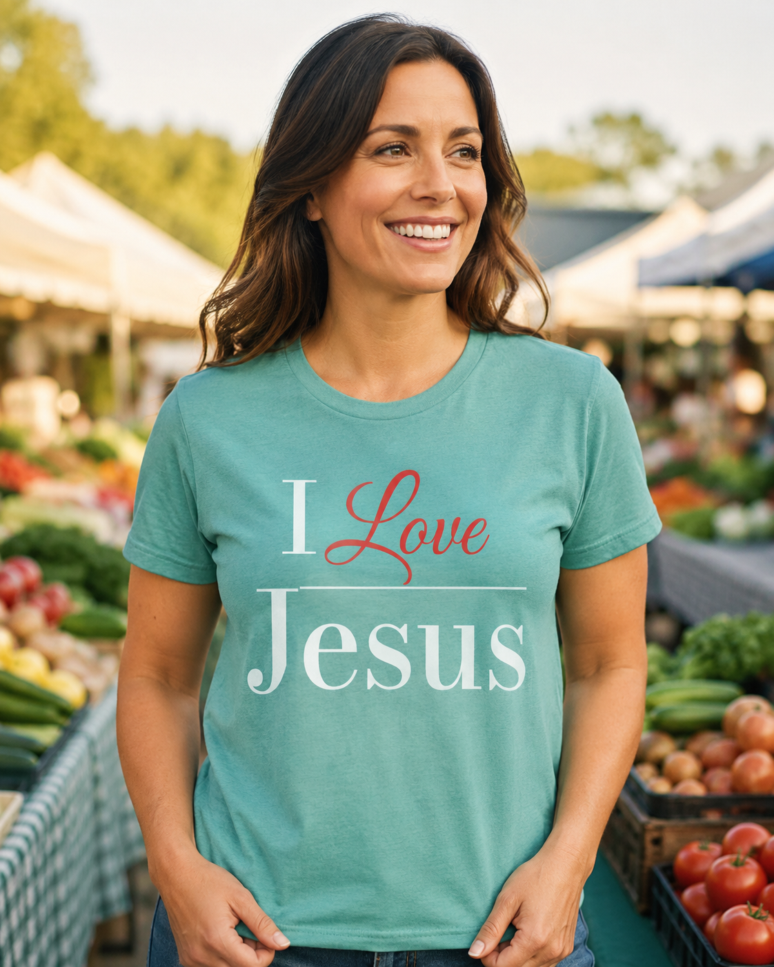 A smiling woman wearing a teal graphic t-shirt with the text 'I Love Jesus' in red and white, standing in a blurred outdoor farmers market setting.