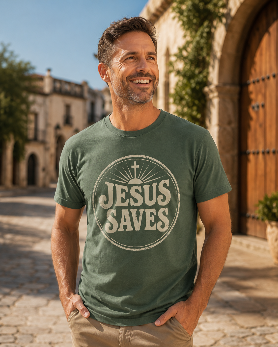 Man wearing olive vintage Jesus Saves Christian shirt on a stone walkway