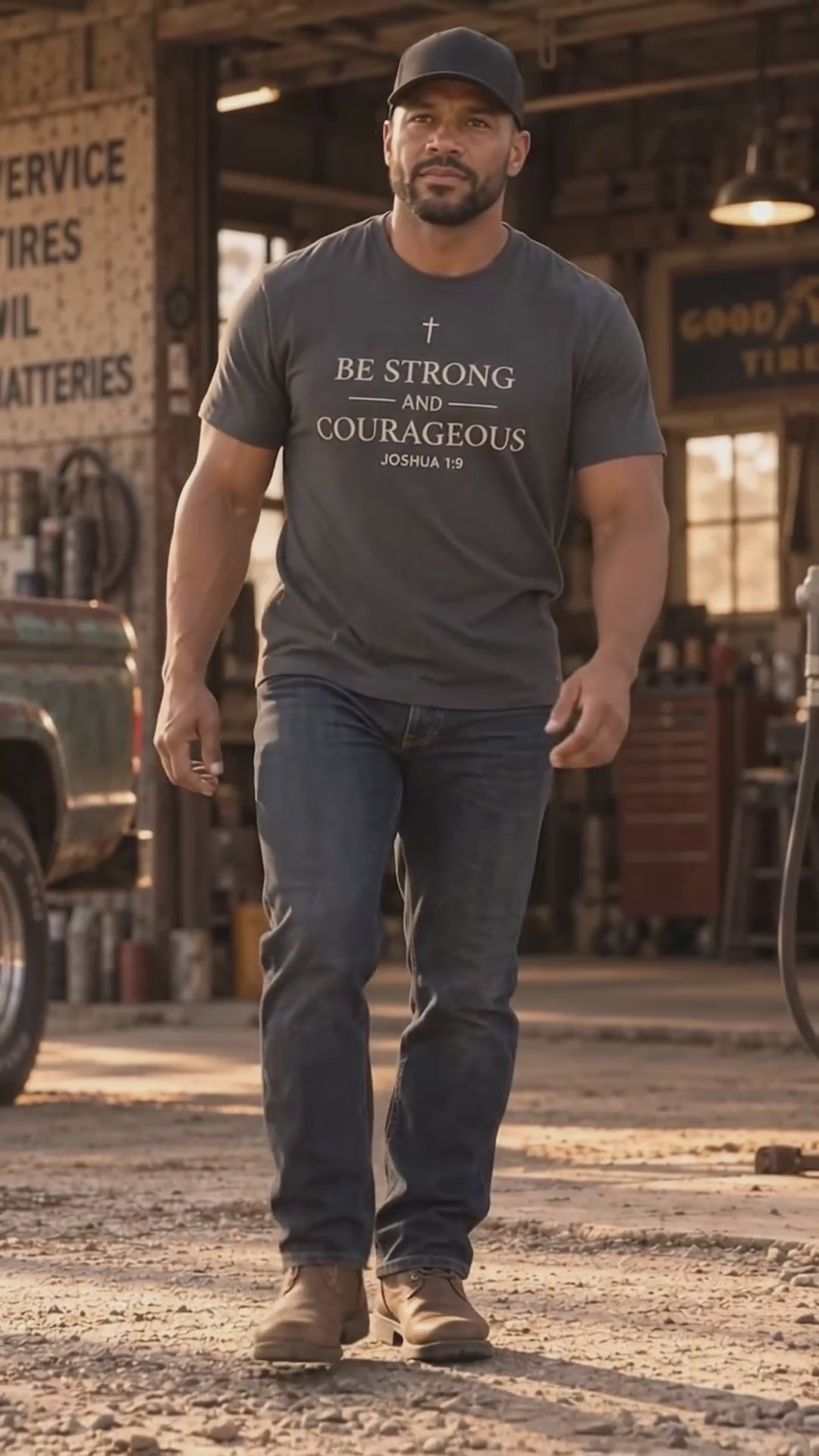 Man wearing the Be Strong and Courageous Joshua 1:9 Christian T-shirt in a vintage service station setting, with close-up and lifestyle views of the Scripture design.