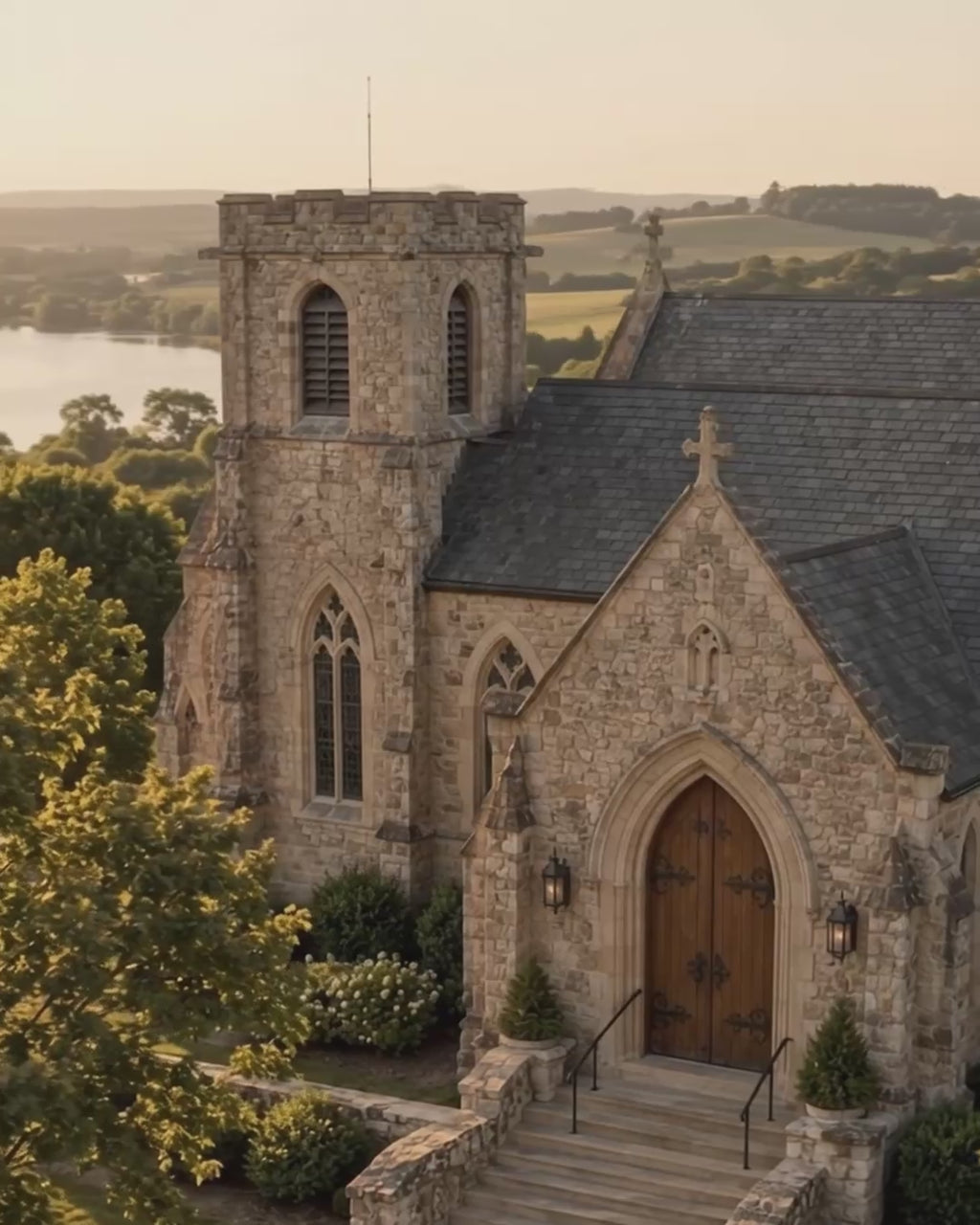 Video showing a woman wearing a blue spruce Be Still Christian T-shirt with Psalm 46:10 outside a historic stone church at golden hour.
