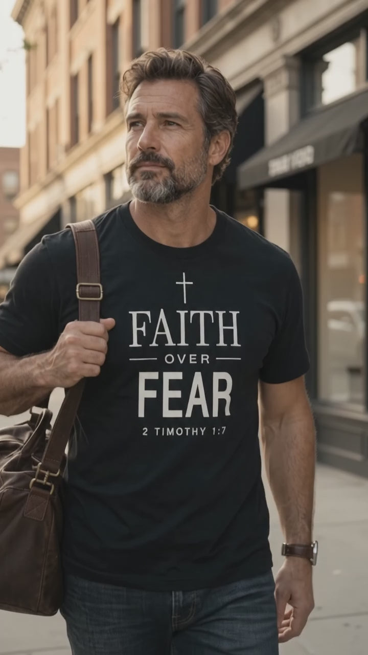 Man walking through downtown wearing Faith Over Fear 2 Timothy 1:7 shirt
